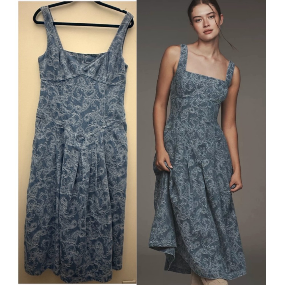 Avec Les Filles Women's Size 8 NWT Denim Midi Dress Blue A-Line Embroidered $199